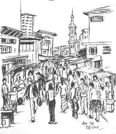 a black and white drawing of people walking down the street with buildings in the background