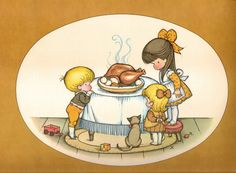 three children are standing around a table with a turkey on it, and one child is holding a dog