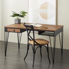 a desk with two chairs and a plant on it