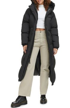 Levi's® Side Zip Hooded Maxi Puffer Jacket | Nordstrom Winter Puffer Jacket Outfits, Long Puffer Jacket Outfit, Iceland Clothes, Minimalist Winter Wardrobe, Womens Puffer Jacket, Long Teddy Coat, Long Winter Coats Women, Long Winter Jacket, Puffer Jacket Outfit