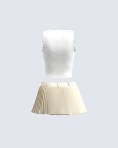 This effortless cool girl look is everything you need 🙌 Versatile, and cute enough for a night out, or a chill day - this fit features a white logo tank top and a cream crepe pleat skirt 🤍 Trendy White Tank Top For Night Out, Spring Casual Tennis Skirt For Night Out, Casual Tennis Skirt For Night Out In Spring, White Pleated Tops For Summer, Casual White Tank Top For Night Out, Chic White Pleated Top, Casual Summer Tennis Skirt For Night Out, Trendy Beige Tennis Skirt For Summer, Trendy Summer Beige Tennis Skirt