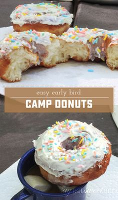 two pictures of doughnuts with frosting and sprinkles