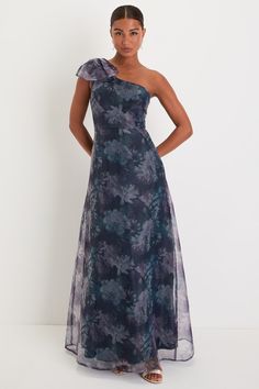 Beyond Fabulous Blue Floral Organza One-Shoulder Maxi Dress Organza Formal Dress, Mob Dresses Summer, Formal Dresses For Older Women, Chic Floral Floor-length Dress, Blue Floral Print Evening Dress, Elegant Blue Organza Maxi Dress, Blue Mother Of The Bride Dress, Blue Floral Print One-shoulder Dress, Formal Wedding Guest Dress Summer