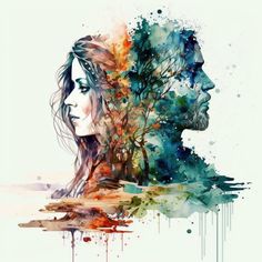 two people with trees in their hair and watercolor paint on them, one is looking at the other