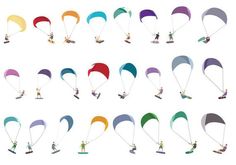 a group of people parasailing in different colored kites on a white background