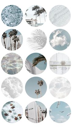 a collage of photos with palm trees and clouds