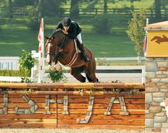 a person riding a horse jumping over a wooden fence on top of a race track