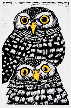 an image of two owls with yellow eyes