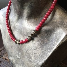 "This is a stunning statement necklace. Agate tainted fuchsia stones create a very unique piece. A few bali beads are placed on one side to give an asymmetric ethnic look. This necklace will work for everyday or with an evening dress. Dimensions: length - 18\" (including clasp) extender- can be added by request *If, for any reason, you are not completely satisfied, please contact me so we can try to work out the problem. Shipping I ship twice a week. pls allow few days before shipping." Dark Pink Necklace, Raspberry Color, Ethnic Looks, Color Necklace, Pink Agate, Pink Necklace, Necklace Statement, Beads Necklace, Agate Gemstone