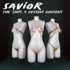 three white mannequins with brown straps and the words savor on them