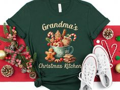 Grandma's Christmas Shirt, Gingerbread Cookie Tee, Holiday Baking T-Shirt, Grandma's Kitchen Apparel, Grandma Christmas Gift, Festive Top Bella + Canvas Premium Soft Tshirt Indulge in the timeless appeal of this classic unisex jersey short sleeve tee, designed to feel like a well-loved favorite. Crafted from soft cotton and featuring a quality print, this shirt is destined to become your go-to wardrobe staple. The ribbed knit collar enhances shaping, while taped shoulders ensure a better fit ove Nana Christmas Gifts, Cookie Shirt, Gingerbread Latte, Grandmas Christmas, Christmas Gifts For Grandma, Gingerbread Cookie, Cute Christmas Gifts, Family Tees, Festival Tops