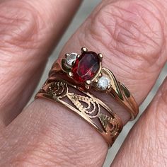 Beautiful And Elegant Vintage 10k Gold Ring With Garnet And Two Crystals. Excellent Used Condition Vintage Engagement Rings Garnet, Gold And Red Wedding Ring, Bloodstone Ring Engagement, Garnet And Opal Ring, Vintage Pearl Wedding Ring, Wedding Ring Pairings, Regency Engagement Ring, Unique Colorful Engagement Rings, Vintage Garnet Jewelry