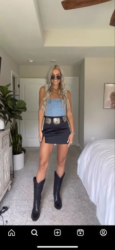 Branson Outfit Ideas, Concert Outfits Western, Denim Skirt Nashville Outfit, Tailgate Outfit Cowboy Boots, Country Concert Outfits With Black Boots, Outside Concert Outfit Spring, Black Boots Country Outfit, Nashville Outfit Ideas Spring, Country Concert Outfit Rhinestones