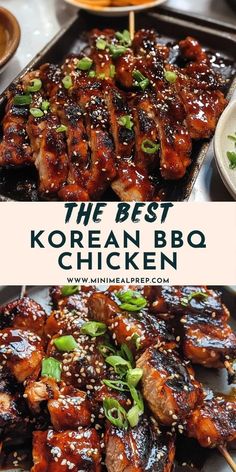 the best korean bbq chicken with sesame seeds and green onions on skewers