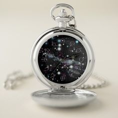 Know a star-gazer who'd love a pocket watch? If so, they'll adore this design featuring a deep space background topped by astronomcial glyphs symbolizing the sun, moon, planets & one large asteroid in our solar system! The metallic purple glyphs mark time: the Sun is 12, the Earth is 6 and the rest, including Ceres the asteroid fill in the difference. The glyphs are original vector art after researching them & the outer space background was accomplished with space themed graphic brushes. Timeless Pocket Watch With Stopwatch Feature As Gift, Stainless Steel Pocket Watch As Gift, Stainless Steel Pocket Watch With Round Dial For Gift, Silver Watches With Compass Design And Round Dial, Compass Design Round Dial Watch For Gift, Compass Design Watch With Round Dial, Compass Design Watch With Round Dial For Gift, Round Dial Compass Design Watch As A Gift, Round Dial Compass Watch As Gift