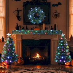 a fireplace decorated with christmas lights and decorations