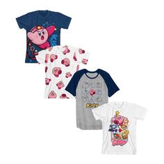 Celebrate your favorite video games with this 4-pack of Kirby tees. The set includes a navy tee with a ninja Kirby, a white tee with all over print of Kirby, an athletic heather raglan tee with navy sleeve and sketches of Kirby performing different moves, and a white tee with images of Kirby, Meta Knight, Waddle Dee, and Waddle Doo above pink letters that spell out, “Kirby.” Each tee comes with short sleeves and a crew neck collar. Kirby fans will love this comfy t-shirt set. Kirby Meta Knight, Waddle Doo, Kirby Video, Kirby Design, Ninja Headband, Waddle Dee, Kirby Games, Pink Letters, Kirby Character