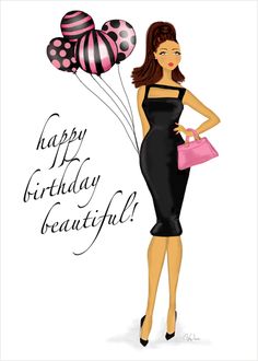 a woman in a black dress holding balloons and a pink purse with the words happy birthday beautiful