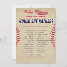 a baby shower is shown with the words would she rather play baseball?