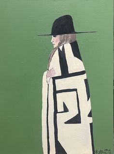 a painting of a woman wearing a black hat and white coat, standing in front of a green wall