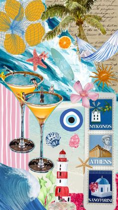 a collage of various items including a cocktail glass and other things in the background