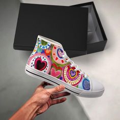 If you love nice vibrant sneakers, you'll be very happy in these retro heart high tops, inspired by the converse style women's sneakers. Perfect Christmas gift for any season and sure to put a smile on your face every time you wear them. These are a custom designs and are NOT MADE by anyone else. Great quality; * Rubber sole with good grip. * Canvas upper lining construction with EVA padded insoles. * Complete with metal eyelets and a lace up closure for a classic look. * Perfect for every seaso Converse Style Women, Retro Heart, Style Converse, Converse Style, Hand Painted Shoes, Shoe Design, Painted Shoes, Best Christmas, Converse High Tops