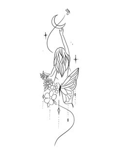 a black and white drawing of a fairy with flowers on her arm, holding a flower bouquet