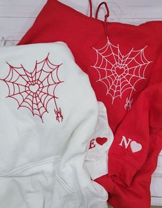 Price is $45 for 1 sweatshirt and $55 for 1 Hoodie When ordering select size, color, add personalization and add to cart.   Go back and select the matching item select size, color, personalization and add to cart Embroidery will be opposite color of matching hoodie/sweater.  Designed will be on Left chest and left sleeve unless stated on personalization section. If only buying one item please let me know what color thread you want. Personalization includes ONLY 1 Letter (Initial and Heart)  any Bf And Gf Matching Sweatshirts, Matching Pajamas For Couples Black And Red, Valentines Embroidery Designs Hoodies, Unique Boyfriend Christmas Gifts, Spiderman Hoodie Diy, Matching Spiderman Hoodies, Red Bull Hoodie, Customizable White Hoodie, Diy Sweatshirt Ideas Iron On