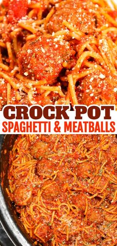 crock - pot spaghetti and meatballs in a pan with the title above it