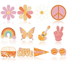 an assortment of colorful items including sunglasses, flowers and peace signs