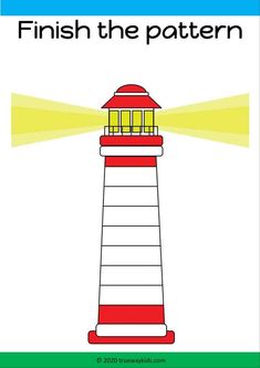 a red and white lighthouse with the words finish the pattern