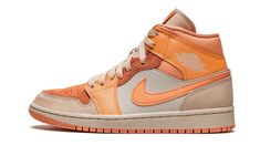 The Women’s Air Jordan 1 Mid “Apricot” is the women’s sizing of a spring-and-summer-inspired colorway of Michael Jordan’s first signature shoe.  A combination of plush materials in warm hues of pink, rust, and orange highlights the appearance of the “Apricot. ” The perforated toe and middle eyelet panel features a rustic orange suede material.  An orange-pink hue of leather graces the tumbled leather Swoosh branding on either side and on the forefoot and collar overlays.  A white “Wings” logo is Painted Jordan 1 Mid, Orange Jordans, Air Jordan 1 Orange, Apricot Agate, Womens Air Jordan 1, 70s Converse, Womens Air Jordan, Wmns Air Jordan 1, Nike X Travis Scott