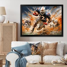 a painting of a football player running with the ball in his hand and two other players behind him