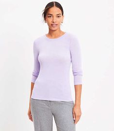 In the softest sweater knit jersey, this forever essential fits and flatters in all the right places - worn alone or layered. Crew neck. Long sleeves.,Bullet1:24" long,Imported:Imported,Fit:Fit: Slim — streamlined to fit close to the body,Length:Length: Regular - hits below natural waist,Fabrication:82% Polyester 14% Rayon 4% Spandex,Garment Care:Machine Washable Loft Sweater Knit Long Sleeve T-Shirt Size XL Spring Lavender Women's by Loft Size Regular - XL Spring Lavender Women's Knit, Crew, Ne Jersey Long Sleeve, Knit Long Sleeve, Sweater Sale, Knit Tees, Knitting Women, Softest Sweater, Sweater Knit, Crew Neck Tee, Fashion Tees