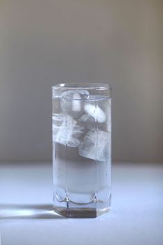 a glass filled with water and ice cubes