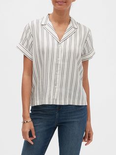 Boxy Shirt, Convertible Collar, Cuffed Shorts, Banana Republic Factory, Box Pleats, Navy And Green, Green Stripes, On Back, Convertible