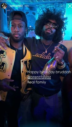 two men standing next to each other in front of a blue background with the words happy birthday bridalh @ benfrianyazz real family