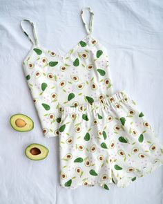 Cute Green Cheap Sleepwear, Avocado Pajamas, Avocado Clothes, Kawaii Cotton Sleepwear For Spring, Cute Avocado Shirt, Playful Green Cartoon Print Sleepwear, Summer Pajama Set, Without Bra, Summer Pajamas