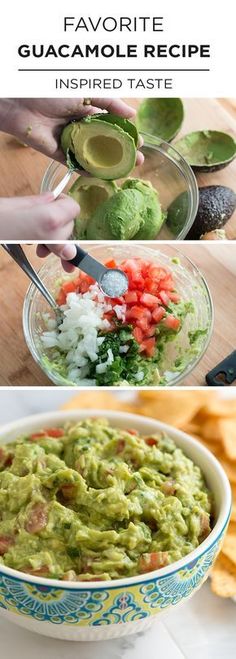 guacamole recipe in a bowl with the title above it and pictures of how to make guacamole