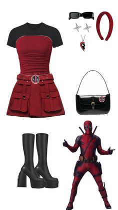 the costume is red and black with accessories