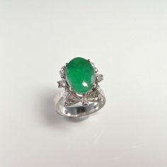 Green Jadeite Jade Diamond Ring Engagement Cocktail Ring Jadeite Cabochon Ring 1950s Jade Ring Diamo Jade Diamond Ring, Jade Engagement Ring, Diamond Butterfly Ring, Imperial Jade, Diamond Ring Engagement, Diamond Butterfly, Modernist Ring, Rainbow Jewelry, Mid Century Jewelry