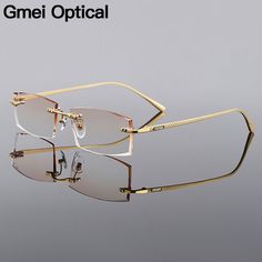 Gmei Optical Rectangle Golden Titanium Alloy Men's Diamond Trimming Rimless Glasses Frame Gradient Shades Eyewear, Gold Glasses Frames, Luxury Eyeglasses, Eyeglass Frames For Men, Gold Glasses, Rimless Glasses, Gradient Brown, Black Men Street Fashion