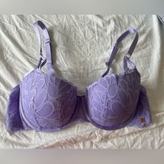 Savage X Fenty Not Sorry Lightly Lined Lace Balconette Bra 38 Dd Color Lavender Purple Underwire Bra Partially Lined, Purple Partially Lined Underwire Bra, Purple Lace Push-up Bra, Lavender Push-up Bra, Lavender Fitted Push-up Bra, Feminine Purple Underwire Bra, Fitted Lavender Bra With Padded Cups, Lace Balconette, Not Sorry