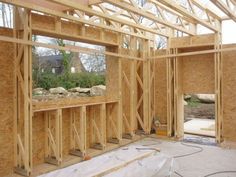 the inside of a house being built with wood framing