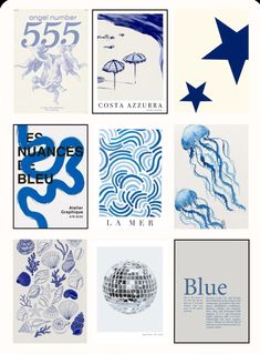 various blue and white posters with different designs on them, including an image of a star