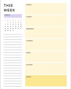 the printable weekly planner is shown in yellow