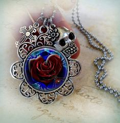 Gothic Rose and Spider Necklace with Skull & Cross Charms, Gothic Valentine Gift, Valentine's Day Gi Vintage Skull Shaped Necklace For Gift, Vintage Skull Necklace For Gift, Day Of The Dead Skull Jewelry Gift, Handmade Themed Jewelry For Valentine's Day, Unique Rose Design Jewelry Gift, Unique Rose Design Jewelry As Gift, Unique Rose Design Jewelry For Gifts, Spider Necklace, Gothic Rose