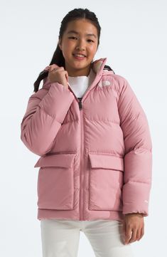 Kids will be ready for cold weather in this short parka lined in soft fleece and insulated with 600-power-fill down. Large front pockets give the ample space for storing snacks or gloves, while a water-repellent finish protects the parka from light rain or snow. Front zip closure with chin guard Three-piece hood Front snap-flap pockets; secure-zip side pockets Heatseeker™ Eco synthetic insulation In hood, collar, pocket bags and pocket flaps 78 g/m² 100% recycled polyester with non-PFC durable w The North Face Puffer Jacket With Pockets For Fall, The North Face Puffer Jacket For Fall Winter Sports, Outdoor Down Puffer Jacket With Pockets, The North Face Fall Puffer Jacket With Pockets, Casual The North Face Puffer Jacket For Winter Sports, Down Puffer Jacket With Pockets For Outdoor Activities, Pink Puffer Jacket For Winter Outdoor Activities, The North Face Sporty Puffer Jacket For Cold Weather, Pink Puffer Jacket For Outdoor Activities