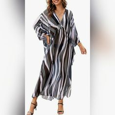 One Size Long Kaftan For Women Fit Us Size M, L, Xl, 2xl, A Relaxed Fit For Most Women's Body Types. Length: 54.7"This Mesh Beach Long Dress Is A Little Sheer, Providing Full Coverage And Protection With Its Lightweight And Flowy Silhouette That Gives You A Breezy And Comfortable Feel.The Deep V-Neck, Batwing Sleeves, And Side Slits Add Stylish Touches To This Kaftan Swim Cover Up, And The Gorgeous Ethnic Print Makes You Appear More Elegant And Charming In The Crowd.Whether You're Soaking Up The Striped Long Sleeve Maxi Dress For Vacation, Striped Kaftan For Summer Beach Cover-up, Striped V-neck Maxi Dress For Beach Season, Striped Maxi Dress For Beach, Striped Maxi Dress As Beach Cover-up, Elegant Striped Beach Dresses, Elegant Long Sleeve Beach Dress, Striped Kaftan For Spring Vacation, Spring Striped Kaftan For Beach Cover-up