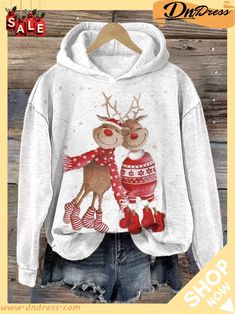 Women's Christmas Deer Print Hooded Sweatshirt Deer Print, Christmas Deer, Christmas Women, White Sweatshirt, The Picture, Hooded Sweatshirt, Product Description, Sweatshirts, Women's Top